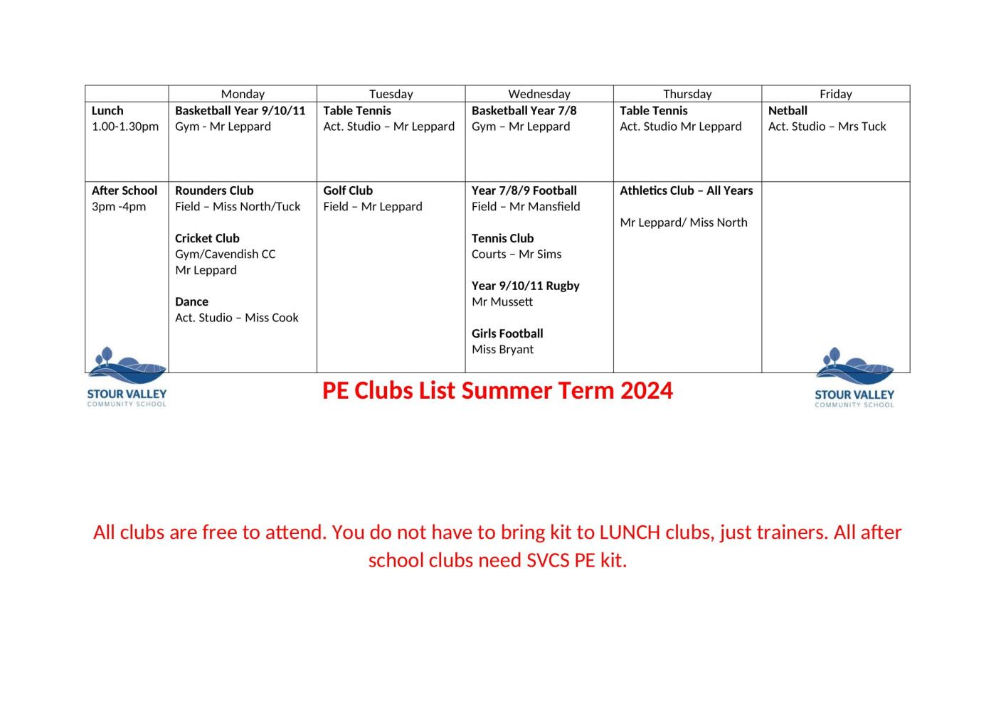 PE Clubs - Summer Term 2024